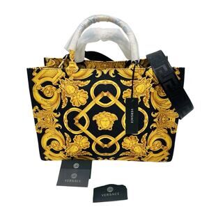 Versace Medusa Black Gold Canvas Large Tote Greca Strap Bag NWT $1,475